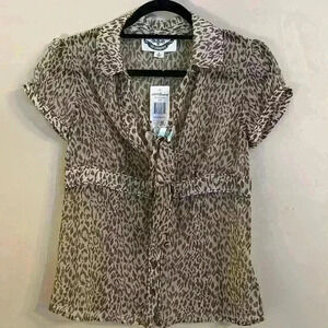 BB Dakota White Brown Button Front Leopard Print Top Blouse M Anthropologie NWT